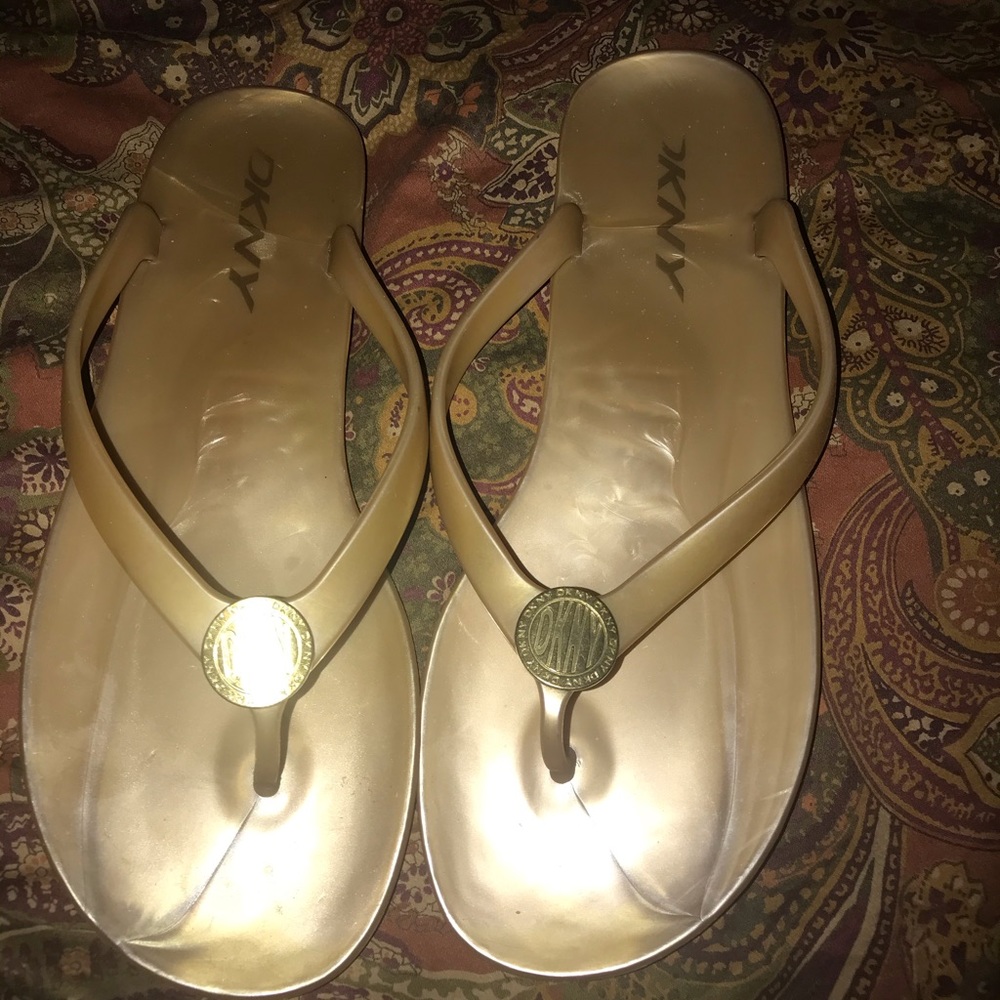DKNY gold tone sandals flip flops
